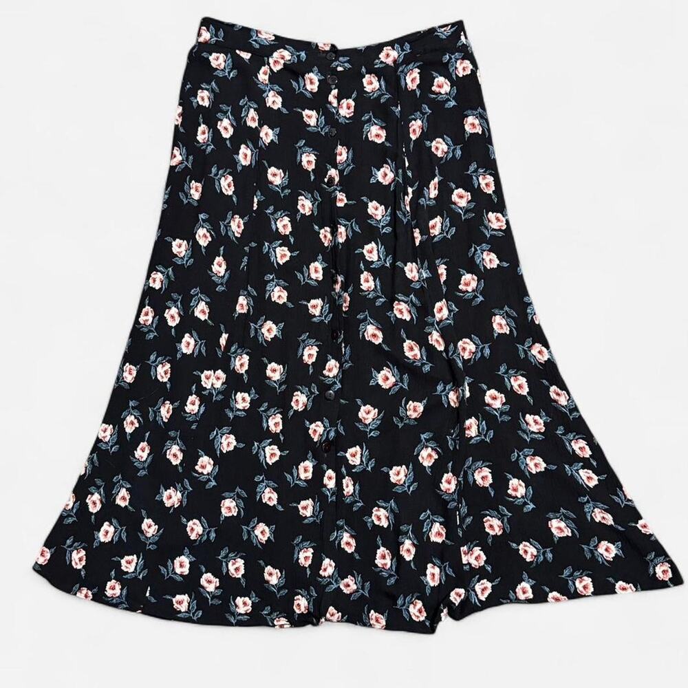 VTG 90s Krush of California Black & Pink Floral Pattern Ribbed Button Maxi Skirt - Picture 6 of 8